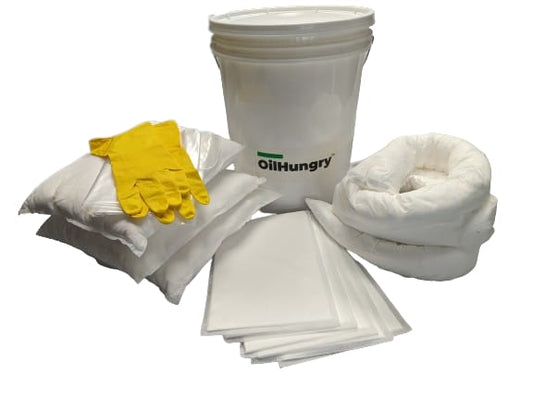 OilHungry - Bag Oil Spill Kit, 5 Oil - Only Absorbent Pads, 3 Oil - Only Absorbent Pillows, 2 Oil - Only Absorbent Socks 3"x4', Disposal Bags, and Nitrile Gloves. Anti Drip Technology. - OilHungry